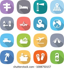 flat vector icon set - singlepost vector, hospital bed, lighthouse, map, route a to b, plane, earth, car baggage, checking, departure, tent, palm, reception, flip flops, do not distrub