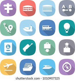 flat vector icon set - singlepost vector, airport building, route a to b, sea shipping, train, air ballon, passport, suitcase, baggage get, departure, cruise ship, yacht, compass
