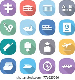 flat vector icon set - singlepost vector, airport building, route a to b, sea shipping, train, passport, suitcase, baggage get, departure, cruise ship, yacht, compass, speed