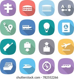 flat vector icon set - singlepost vector, airport building, route a to b, train, air ballon, passport, suitcase, baggage get, departure, cruise ship, yacht, compass, speed