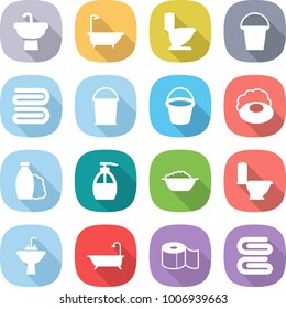 flat vector icon set - sink vector, bath, toilet, bucket, towel, soap, shampoo, liquid, foam basin, water tap, paper