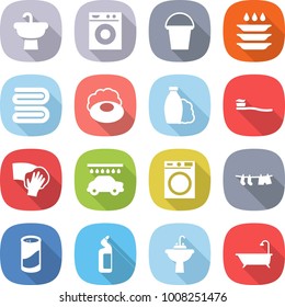 flat vector icon set - sink vector, washing machine, bucket, plate, towel, soap, shampoo, tooth brush, wiping, car wash, drying clothes, cleanser powder, toilet, water tap, bath