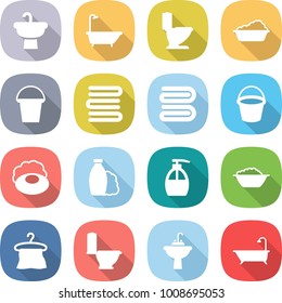 flat vector icon set - sink vector, bath, toilet, washing, bucket, towels, towel, soap, shampoo, liquid, foam basin, hanger, water tap