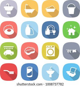 flat vector icon set - sink vector, bath, washing, bucket, soap, shampoo, dish cleanser, house cleaning, car wash, sponge with foam, machine, drying clothes, brush, powder, water tap, floor