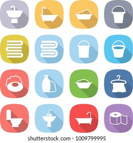 flat vector icon set - sink vector, bath, washing, bucket, towels, towel, soap, shampoo, foam basin, hanger, toilet, water tap, paper