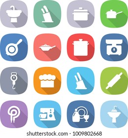 flat vector icon set - sink vector, stands for knives, pan, saute, kitchen scales, handle, chief hat, knife holder, rolling pin, elecric oven, coffee maker, dish cleanser, water tap