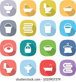 flat vector icon set - sink vector, bath, toilet, washing, bucket, towels, soap, liquid, foam basin, hanger, water tap, towel