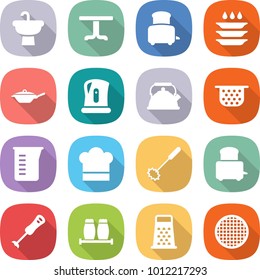 flat vector icon set - sink vector, table, toaster, plate washing, pan, kettle, colander, measuring cup, cook hat, whisk, blender, salt pepper, grater, sieve