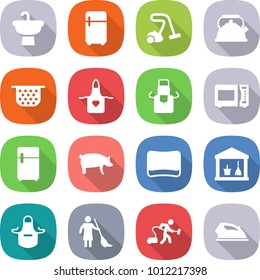 flat vector icon set - sink vector, fridge, vacuum cleaner, kettle, colander, apron, microwave oven, pig, sponge, utility room, brooming, iron