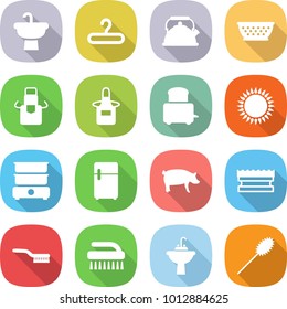 flat vector icon set - sink vector, hanger, kettle, colander, apron, toaster, gas oven, double boiler, fridge, pig, sponge, brush, water tap, duster