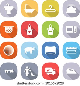 flat vector icon set - sink vector, bath, hanger, kettle, colander, apron, microwave oven, sieve, sheep, sponge, drying clothes, brooming, home call cleaning, iron