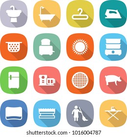 flat vector icon set - sink vector, bath, hanger, iron, colander, toaster, gas oven, double boiler, fridge, food processor, sieve, pig, sponge, brooming, board