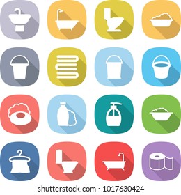 flat vector icon set - sink vector, bath, toilet, washing, bucket, towels, soap, shampoo, liquid, foam basin, hanger, paper