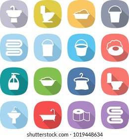 flat vector icon set - sink vector, toilet, washing, bucket, towel, soap, liquid, foam basin, hanger, water tap, bath, paper