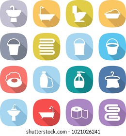 flat vector icon set - sink vector, bath, toilet, washing, bucket, towels, soap, shampoo, liquid, hanger, water tap, paper, towel