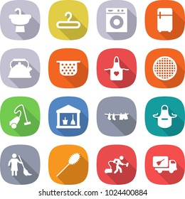 flat vector icon set - sink vector, hanger, washing machine, fridge, kettle, colander, apron, sieve, vacuum cleaner, utility room, drying clothes, brooming, duster, home call cleaning
