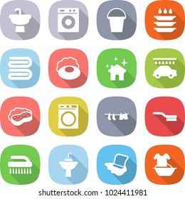 flat vector icon set - sink vector, washing machine, bucket, plate, towel, soap, house cleaning, car wash, sponge with foam, drying clothes, brush, water tap, floor, handle