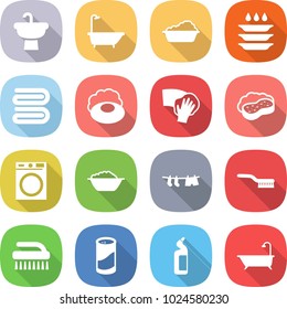 flat vector icon set - sink vector, bath, washing, plate, towel, soap, wiping, sponge with foam, machine, basin, drying clothes, brush, cleanser powder, toilet