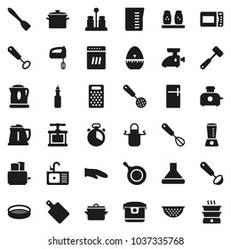 Flat vector icon set - sink vector, pan, kettle, colander, measuring cup, apron, cook glove, timer, press, whisk, skimmer, spatula, ladle, meat hammer, cutting board, grater, toaster, spices, sieve