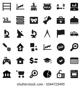 Flat vector icon set - sink vector, towel, skimmer, graduate hat, drawing compass, flag, bank, exchange, graph, pie, laptop, dollar growth, building, calendar, protected, cargo search, route, pool