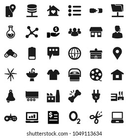 Flat vector icon set - sink vector, university, bell, flask, laptop graph, investment, annual report, oxygen, map pin, office, traking, truck trailer, film spool, internet, group, battery, pills