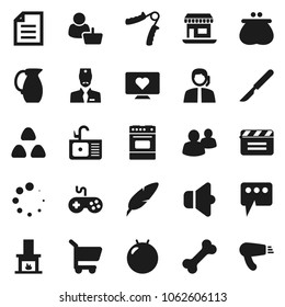 Flat vector icon set - sink vector, oven, jug, cereal, pen, document, hand trainer, fitball, heart monitor, bone, office, support, cinema clap, speaker, gamepad, group, scalpel, doctor, message