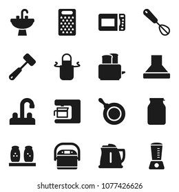 Flat vector icon set - sink vector, water tap, pan, kettle, apron, whisk, meat hammer, grater, toaster, spices, jar, coffee maker, hood, multi cooker, microwave oven, blender