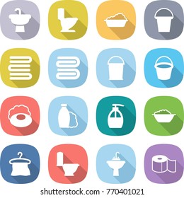 flat vector icon set - sink vector, toilet, washing, bucket, towels, towel, soap, shampoo, liquid, foam basin, hanger, water tap, paper
