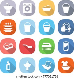 flat vector icon set - sink vector, washing machine, bucket, plate, dish cleanser, sponge with foam, brush, powder, toilet, water tap, floor, handle