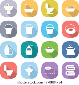 flat vector icon set - sink vector, bath, toilet, washing, bucket, soap, shampoo, liquid, foam basin, hanger, water tap, paper, towel