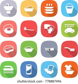 flat vector icon set - sink vector, washing, plate, bucket, soap, tooth brush, wiping, car wash, sponge with foam, basin, drying clothes, cleanser powder, floor, handle