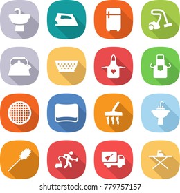 flat vector icon set - sink vector, iron, fridge, vacuum cleaner, kettle, colander, apron, sieve, sponge, water tap, duster, home call cleaning, board