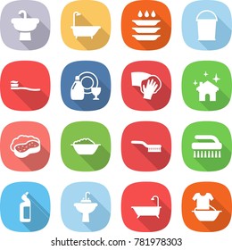 flat vector icon set - sink vector, bath, plate washing, bucket, tooth brush, dish cleanser, wiping, house cleaning, sponge with foam, basin, toilet, water tap, handle
