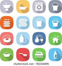 flat vector icon set - sink vector, bath, washing machine, bucket, plate, towel, soap, shampoo, dish cleanser, house cleaning, foam basin, brush, toilet