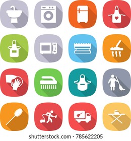 flat vector icon set - sink vector, washing machine, fridge, apron, microwave oven, sponge, vacuum cleaner, wiping, brush, brooming, duster, home call cleaning, iron board