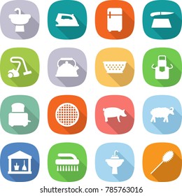 flat vector icon set - sink vector, iron, fridge, cutting board, vacuum cleaner, kettle, colander, apron, toaster, sieve, pig, sheep, utility room, brush, water tap, duster