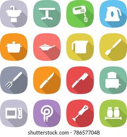 flat vector icon set - sink vector, table, mixer, kettle, pan, measuring cup, spatula, big fork, knife, chef, toaster, microwave oven, elecric, blender, salt pepper