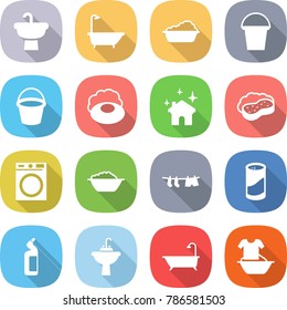 flat vector icon set - sink vector, bath, washing, bucket, soap, house cleaning, sponge with foam, machine, basin, drying clothes, cleanser powder, toilet, water tap, handle