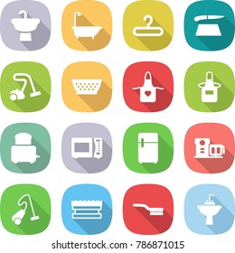 flat vector icon set - sink vector, bath, hanger, cutting board, vacuum cleaner, colander, apron, toaster, microwave oven, fridge, food processor, sponge, brush, water tap