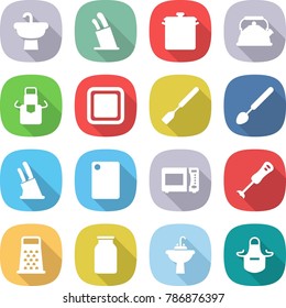 flat vector icon set - sink vector, stands for knives, pan, kettle, apron, cutting board, spatula, big spoon, knife holder, microwave oven, blender, grater, bank, water tap