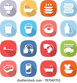 flat vector icon set - sink vector, bath, plate washing, towel, bucket, soap, shampoo, tooth brush, dish cleanser, wiping, car wash, sponge with foam, powder, handle