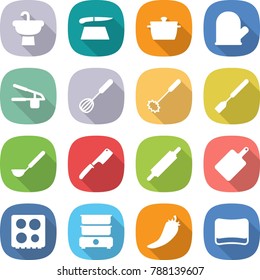 flat vector icon set - sink vector, cutting board, pan, cook glove, garlic clasp, whisk, spatula, ladle, chef knife, rolling pin, hob, double boiler, hot pepper, sponge