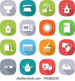 flat vector icon set - sink vector, cutting board, vacuum cleaner, apron, microwave oven, gas, fridge, sponge, wiping, drying clothes, home call cleaning, iron