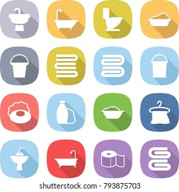flat vector icon set - sink vector, bath, toilet, washing, bucket, towels, towel, soap, shampoo, foam basin, hanger, water tap, paper