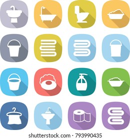flat vector icon set - sink vector, bath, toilet, washing, bucket, towels, towel, soap, liquid, foam basin, hanger, water tap, paper