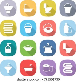 flat vector icon set - sink vector, bath, toilet, bucket, towels, soap, shampoo, liquid, foam basin, hanger, water tap, paper, towel