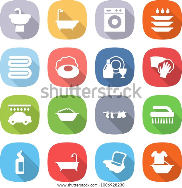 flat vector icon set - sink\
vector, bath, washing machine, plate, towel, soap, dish cleanser,\
wiping, car wash, foam basin, drying clothes, brush, toilet, floor,\
handle