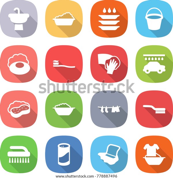 flat vector icon set -\
sink vector, washing, plate, bucket, soap, tooth brush, wiping, car\
wash, sponge with foam, basin, drying clothes, cleanser powder,\
floor, handle