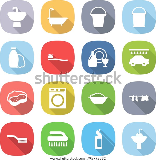 flat vector icon set -\
sink vector, bath, bucket, shampoo, tooth brush, dish cleanser, car\
wash, sponge with foam, washing machine, basin, drying clothes,\
toilet, water tap