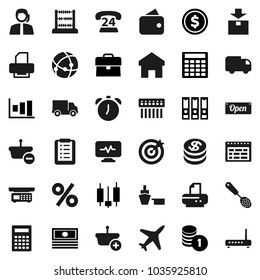 Flat vector icon set - skimmer vector, calculator, alarm clock, schedule, abacus, dollar coin, graph, japanese candle, cash, case, stack, binder, plane, phone 24, support, delivery, port, package